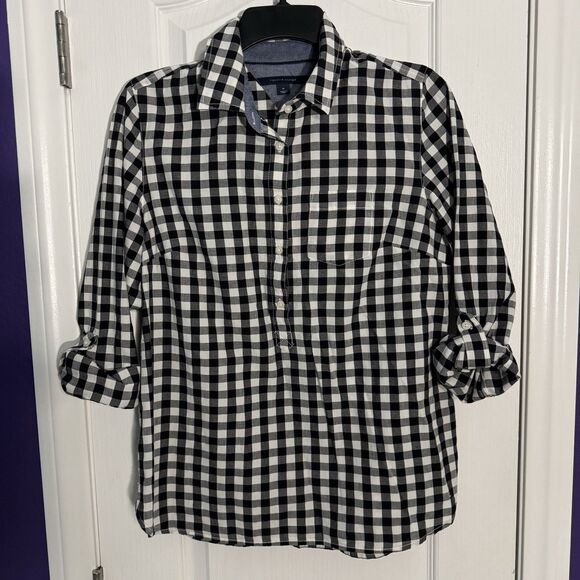 Tommy Hilfiger Gingham Checks Roll Tab Sleeves Popover Shirt Size Medium - Picture 1 of 11